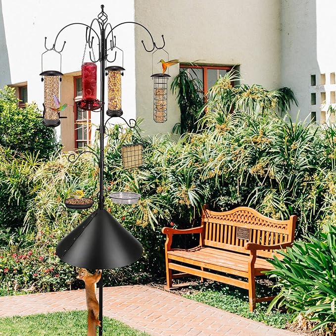 Bird Feeding Station Kit with Squirrel Baffle Bird Feeder Pole with Suet Cage Mesh Tray Fruit Hook Double W Hook for Attracting Wild Birds and Hanging Planter Hanger Lights