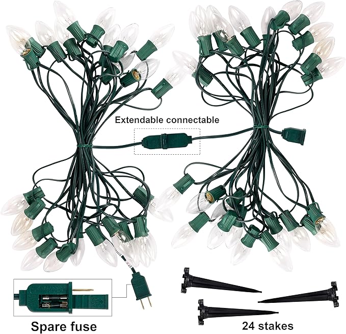 Joiedomi 30.75FT C9 Christmas Pathway Stake Lights 24 LED Jumbo Bulbs, Warm White Outdoor Walkway Decor with Green Wire Connectable for Holiday Commercial Xmas Yard Garden Lawn