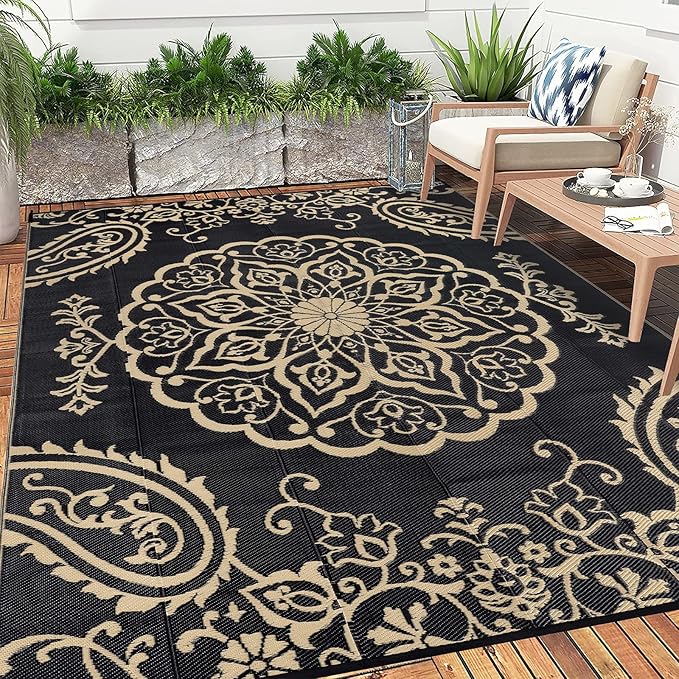 Pauwer Waterproof Outdoor Rug 6x9, Reversible Plastic Straw Patio Camping Rug, Indoor Outdoor RV Mat Carpet for Deck, Camper, Porch, Balcony, Backyard, Picnic, Boho Black Brown
