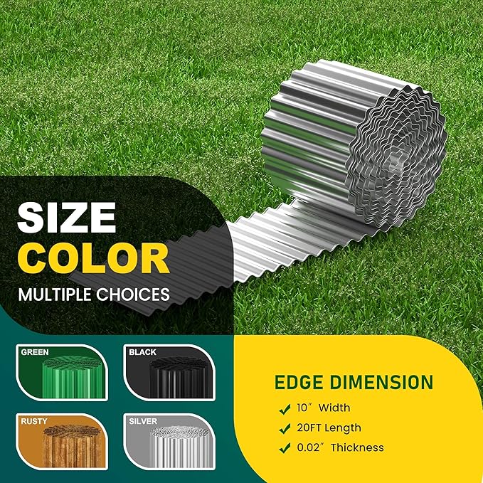 Corrugated Metal Garden Edging, 10"×20Ft Durable Landscape Border for Garden, Lawn, Flower Beds and Paver Edging (Silver)