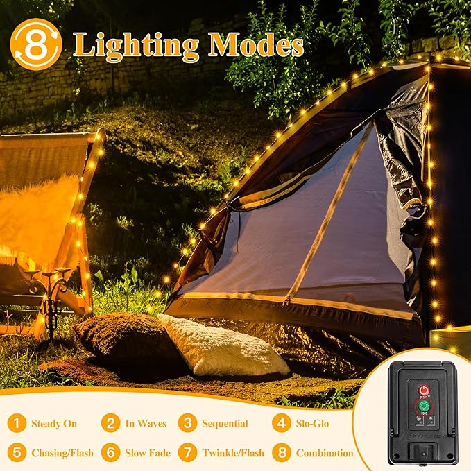 Ollny Solar String Lights Outdoor, 2 Pack Total 198FT 600LED Solar Fairy Lights, 8 Modes IP67 Waterproof for Outside Yard Garden Patio Xmas Party, Warm White