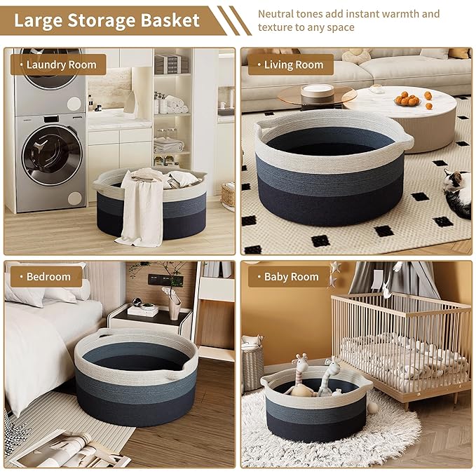 125L Extra Large Blanket Basket, 25" x 16", Jumbo Laundry Woven Basket Decorative Home, Cotton Rope Basket with Handles, Baby Toy Basket for Storage, Gradual Blue