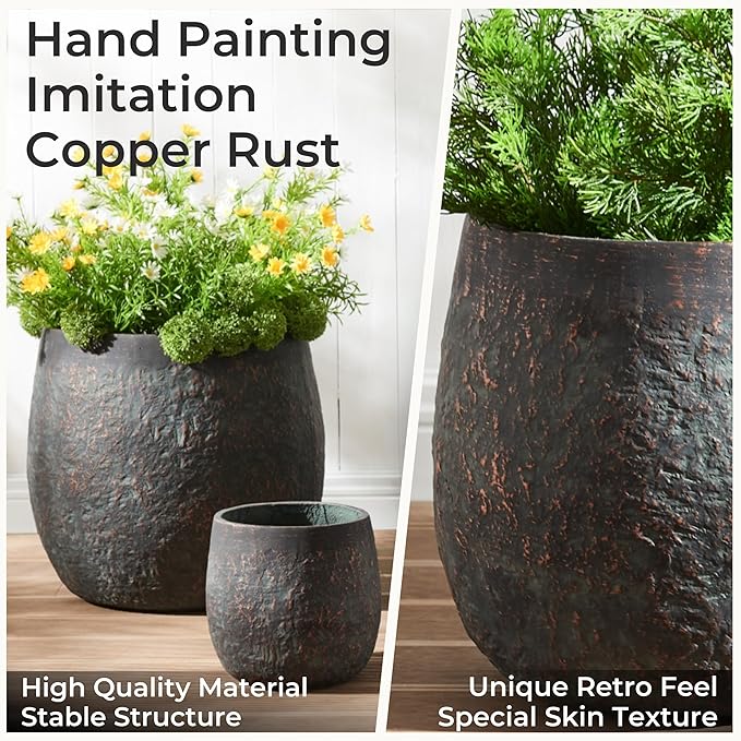 Large Outdoor Planter, 17.32"+12.99"+9.06" Dia Round Weathered Concrete Planter Set of 3, Flower Pots with Drainage Holes, Sealing Plug for Garden, Patio, Home, Office, Greenish Bronze Rust