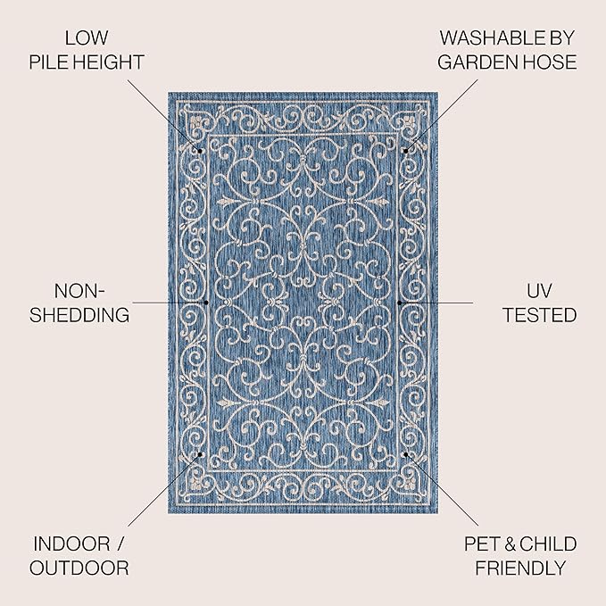 JONATHAN Y SMB106D-4R Charleston Vintage Filigree Textured Weave Navy/Gray 4' Round Indoor/Outdoor Area Rug, Pet Friendly, Non-Shedding, Stain Resistant, Easy-Cleaning for Backyard, Patio, Porch