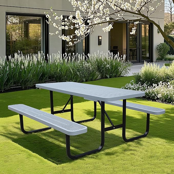 6FT Metal Picnic Tables for Outdoors, Commercial Rectangular Picnic Table and Bench Set for Outside, Patio, Garden, Backyard, Porch, Surface Mount, Grey