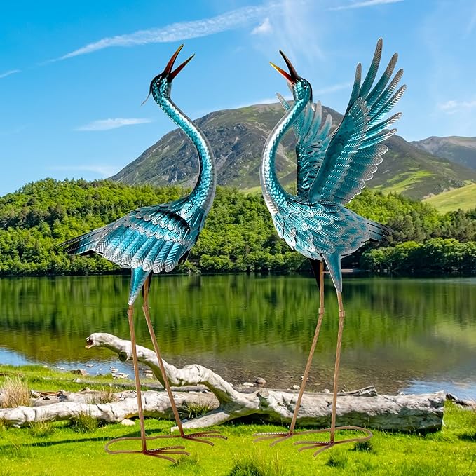 chisheen Crane Garden Statues Outdoor Metal Heron Yard Art Crane for Garden Sculptures Patio Lawn Ornaments,Set of 2