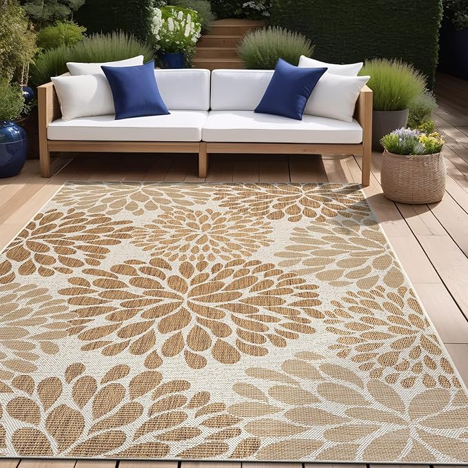 Beverly Rug Outdoor Rug 9x12 Modern Exotic Tropical Leaf Area Rugs for Indoor and Outdoor Patio Deck Porch Garden Water Resistant Washable Outside Carpet (9 x 12 Beige)