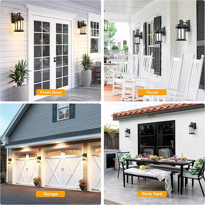 VIANIS Dusk to Dawn Motion Sensor Outdoor Porch Lights, Modern Black Exterior Porch Light Fixtures Wall Mount, Anti-Rust Aluminum Waterproof Wall Lantern With Tempered Ripple Glass For Garage Entryway