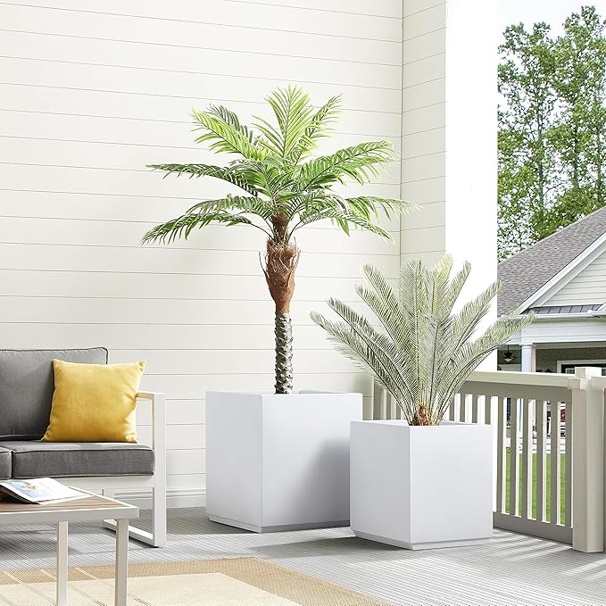 Metallic Heavy Planter Box for Outdoor or Indoor, No Assemble and Seamless, Large Square Planter, Cube Planter for Tall Trees, Plants, Flowers 21Lx21Wx24H 35Pounds White