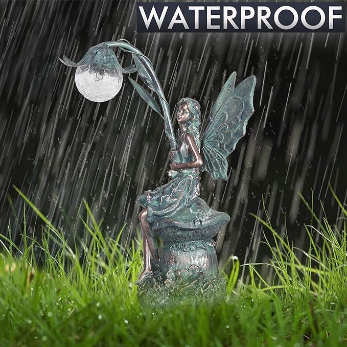 TERESA'S COLLECTIONS Garden Statues Fairy Sculptures & Statues, Outdoor Solar Light Garden Decor Resin Patina Bronze Figurines for Outdoor Decor, Valentines Decorations Gifts for Women Mom, 13.8''