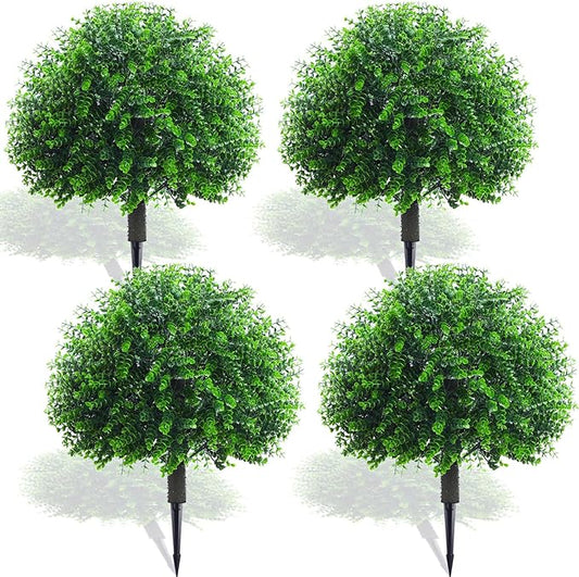 Yunlly 4 Pcs 18 Inch Artificial Boxwood Ball Topiary Tree Fake Outdoor Plants Bush, UV Resistance Faux Shrubs with Spike Realistic Greenery Potted for Indoor Garden Yard Porch Patio Decor (Green)