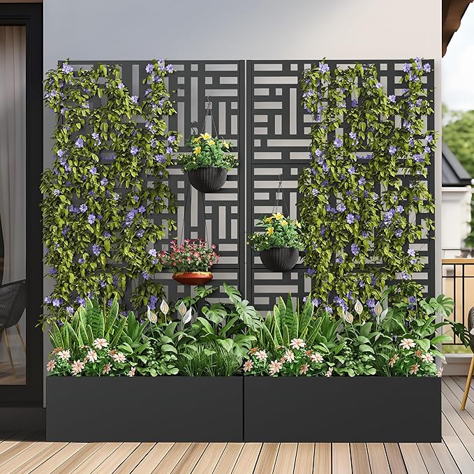 Casaphoria Metal Raised Garden Bed with Trellis and Wheels, 72"x35"x16" Planter Box for Climbing Plants, Vegetables & Vines, Features Drainage Holes and Privacy Screen (Black-Helen)