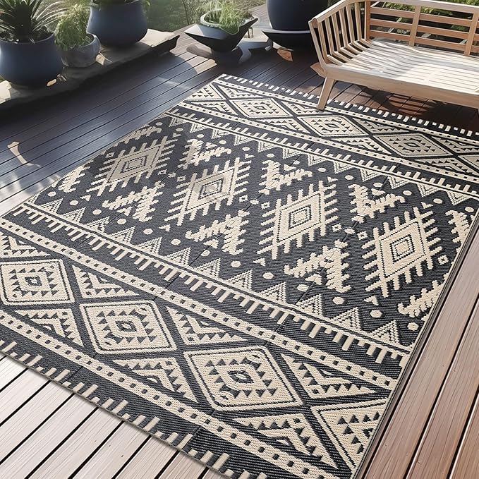 OLANLY Outdoor Rug Waterproof 5x8 ft, Reversible Outdoor Plastic Straw Rug, Boho Patio Rug, Indoor Outdoor Carpet, RV Mat Outside for Patio, Camp, Picnic, Balcony, Deck, Backyard, Black & Beige