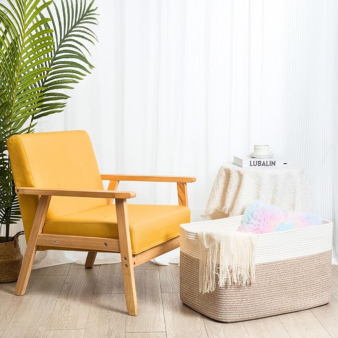 MINTWOOD Design 22in Extra Large Blanket Basket Holder Living Room, Rectangle Rope Woven Storage Basket with Handles for Laundry, Pool Towels, and Shoes, Dog Toy Organizer Bin Box, Light Brown