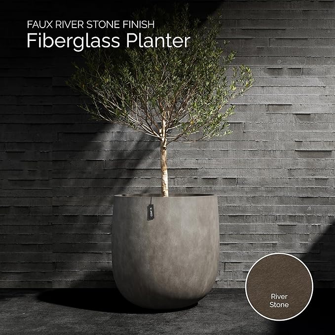 Mondo Large Planter – River Stone Finish – Fiberglass Indoor/Outdoor and Weather-Resistant Round Planter (19.7" D x 19.1" H Exterior, 18.5" D x 18.5" H Interior)