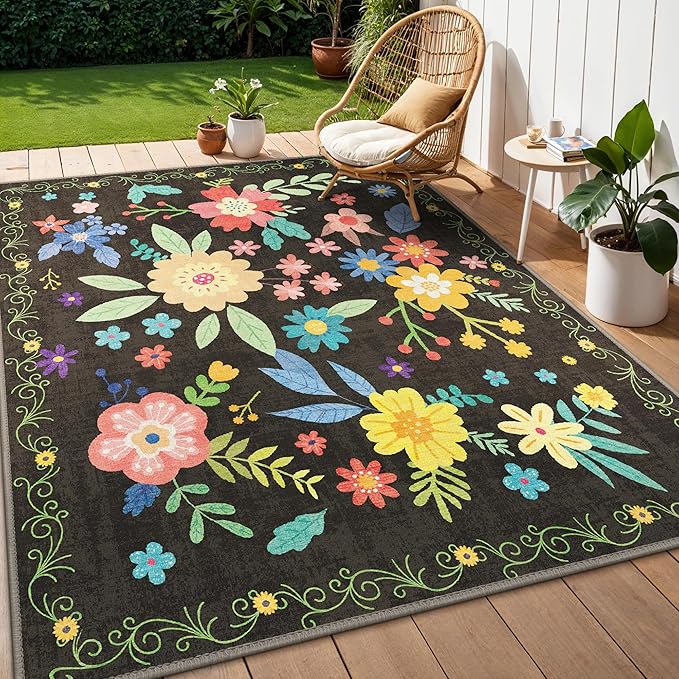 GENIMO Indoor Outdoor Area Rug 5' X 7' Waterproof, Washable Patio Rug Non Shedding, Easy Cleaning Floral Outdoor Carpet for Living Room, Bedroom, Dining Room, Balcony, Backyard, Deck, RV, Black