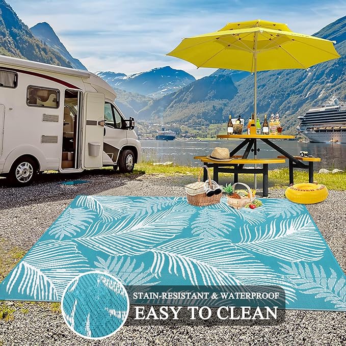 Pauwer Waterproof Outdoor Rug 9x12, Reversible Plastic Straw Patio Camping Rug, Indoor Outdoor RV Mat Carpet for Deck, Camper, Porch, Balcony, Backyard, Picnic, Leaf Teal