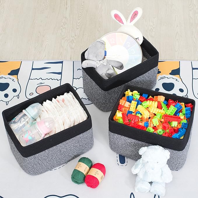 MINTWOOD Design Storage Basket for Shelves, Decorative Baskets for Organizing, Book Basket, Storage Cube Bin Box, Woven Closet Organizer, Pantry Closet and Shoe Basket, Black Grey Mix