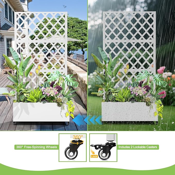 Metal Planter Trellis Box with Wheels & Drain Plug Outdoor Raised Garden Bed Patio Privacy Screen with Planter for Climbing Plants, Vegetables 73"x35"x16" White-Diamond