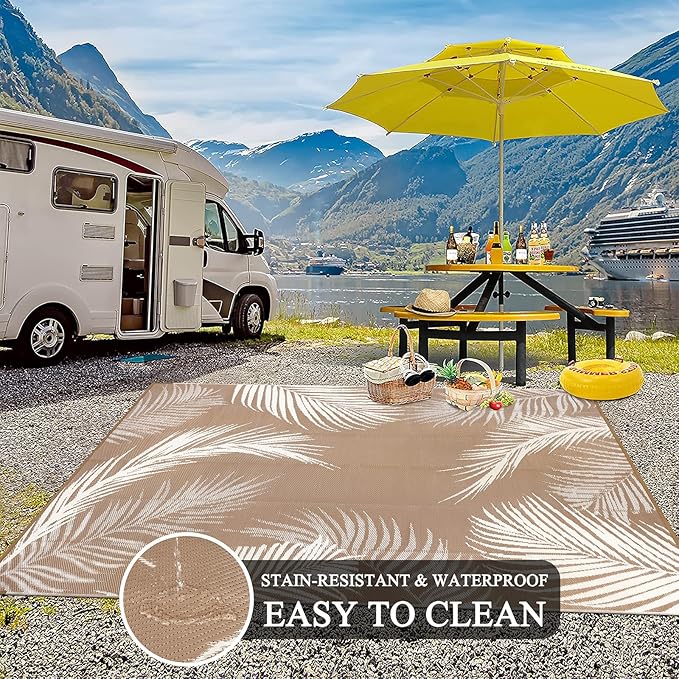 Pauwer Waterproof Outdoor Rug 8x10, Reversible Plastic Straw Patio Camping Rug, Indoor Outdoor RV Mat Carpet for Deck, Camper, Porch, Balcony, Backyard, Picnic, Leaf Brown