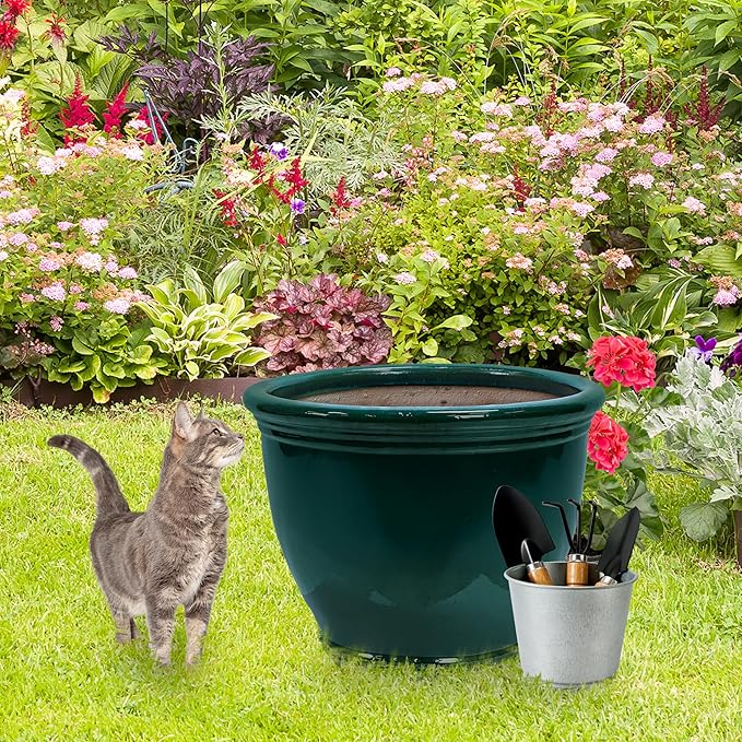 Sunnydaze Studio Large Ceramic Plant Pot - Round Outdoor Glazed Ceramic Planter Pot with Drainage - Dark Green - 18.5 in