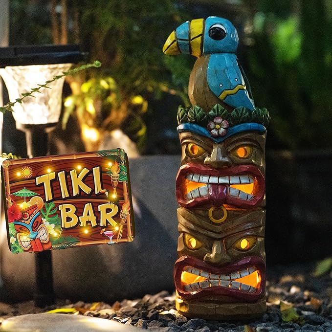 Tiki Totem Pole-Solar Tiki Statue Head Decor - 12.32 inch Tall Tiki Decorations for Tiki Bar Outdoor Patio Balcony Yard Backyard