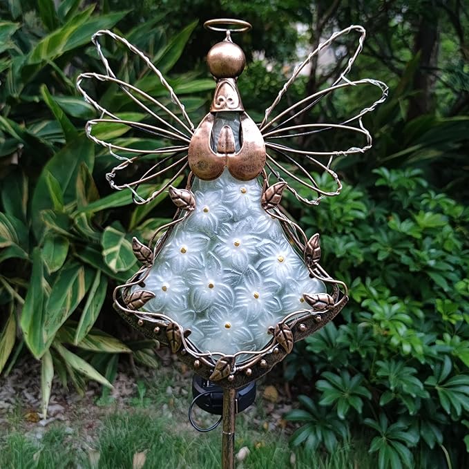 Angel Solar Lights Garden Stake Outdoor-38Inch Metal&Glass Solar Angel Stake Grave Decorations for Cemetery-Perfect as Angel Remembrance Gifts & Sympathy Gifts Decorations（Bronze）