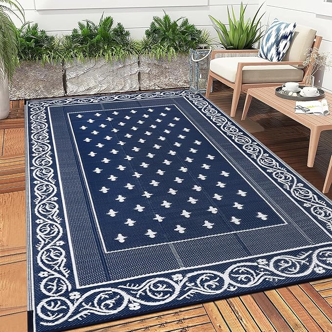 Pauwer Waterproof Outdoor Rug 6x9, Reversible Plastic Straw Patio Camping Rug, Indoor Outdoor RV Mat Carpet for Deck, Camper, Porch, Balcony, Backyard, Picnic, Bordered Navy