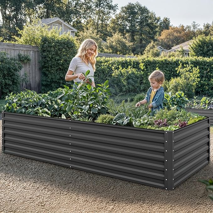 YITAHOME 8x4x2ft 2pcs Large Raised Garden Bed Kit, Galvanized Metal Planter Box with Gloves, Ground Nails & Safety Rubber, Outdoor Above Ground Planters for Plants Vegetables Flowers, Black