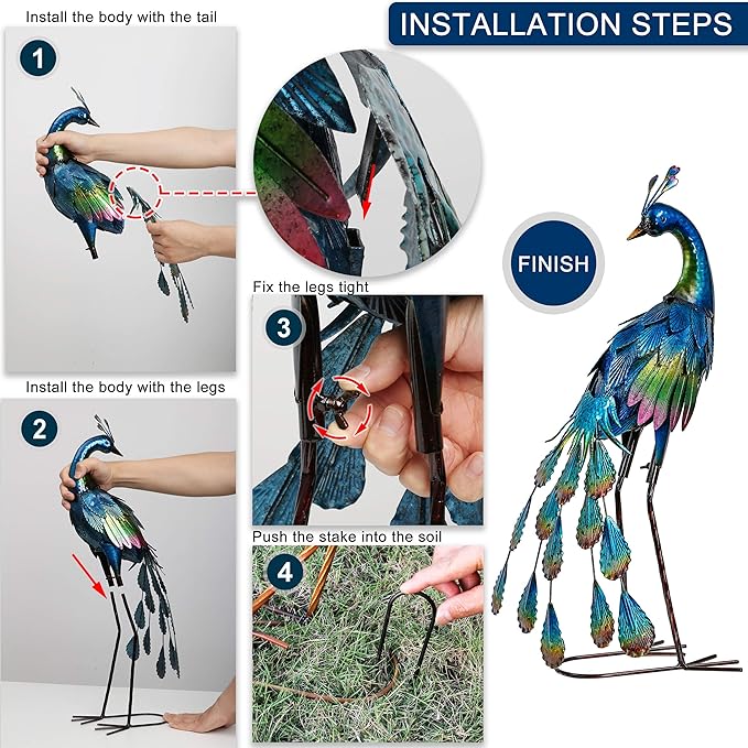 TERESA'S COLLECTIONS Outdoor Decor Peacock Yard Art Garden Sculptures & Statues,Blue Small Metal Bird Lawn Ornaments,18" Outside Mardi Gras Decorations for Porch,Patio,Pond Decor,Gifts for Mom