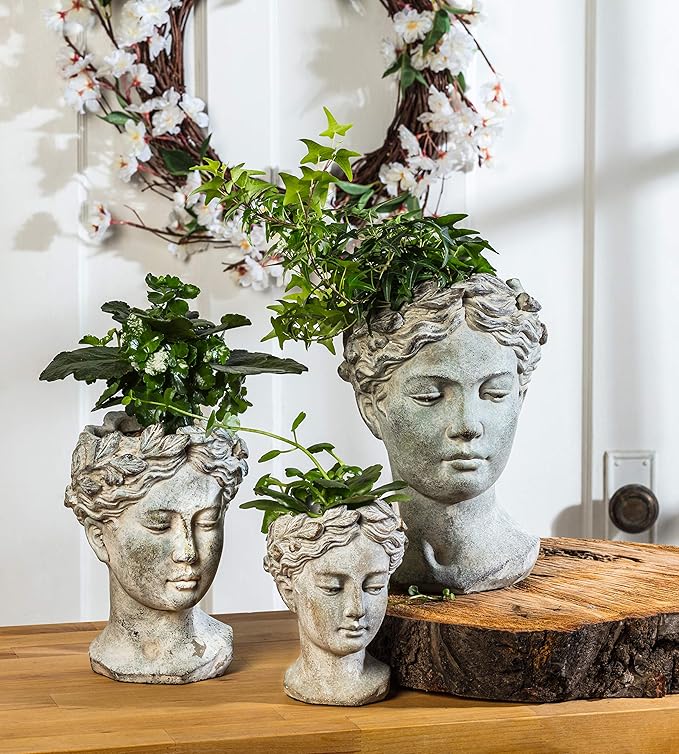 Abbott Collection Goddess Head Planter - Extra Small Cement Indoor and Outdoor Planter Pot - Grecian Woman Statue Head Planter for Flowers and Succulents (Grey, 2.75" Opening)