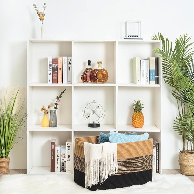 MINTWOOD Design 22in Extra Large Blanket Basket Holder for Living Room, Rectangle Rope Woven Storage Bin with Handles for Laundry, Pool Towels, and Shoes, Dog Toy Box Organizer, Black Jute