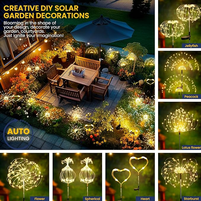 GIGALUMI Garden Outdoor Decor Lights 120LED 4Pack, Solar Garden Lights for Yard Outside Fairy Decorative,Solar Powered for Yard Pathway Flowerbed Planter Balcony Patio Decor（Warm White）