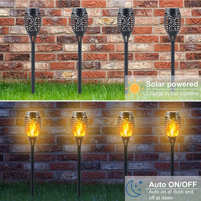 12-Pack Solar Torch Lights with Flickering Flame - 12LED Mini Fire Effect Solar-Powered Tiki Torches, Waterproof Outdoor Lighting with Auto On/Off, Perfect for Garden, Patio & Pathway Decor
