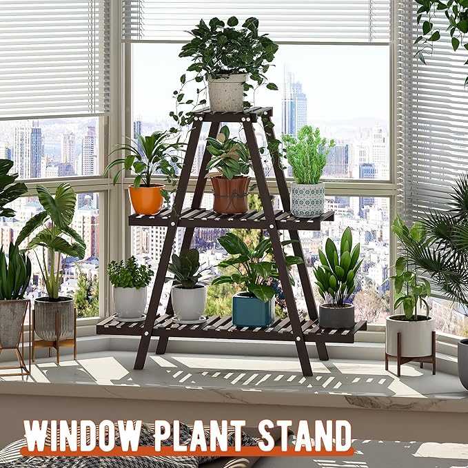 Plant Stand Indoor Plant Shelf Outdoor bamboo Plant Rack, 3 Tiers Ladder Plant Holder Flower Stand for Living Room Balcony Garden Patio,Living Room Boho Home Decor for Gardening Gifts (Brown)