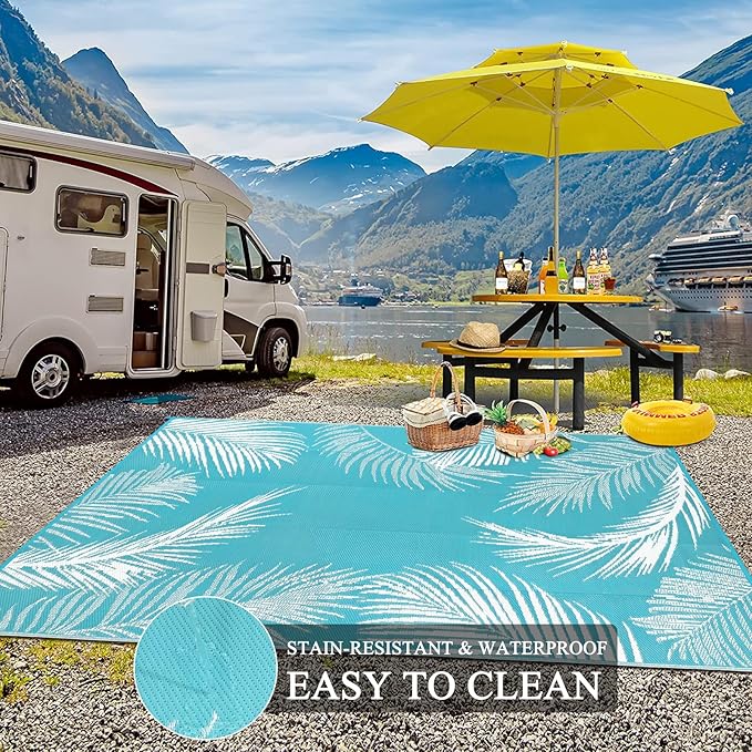 Pauwer Waterproof Outdoor Rug 6x9, Reversible Plastic Straw Patio Camping Rug, Indoor Outdoor RV Mat Carpet for Deck, Camper, Porch, Balcony, Backyard, Picnic, Leaf Teal