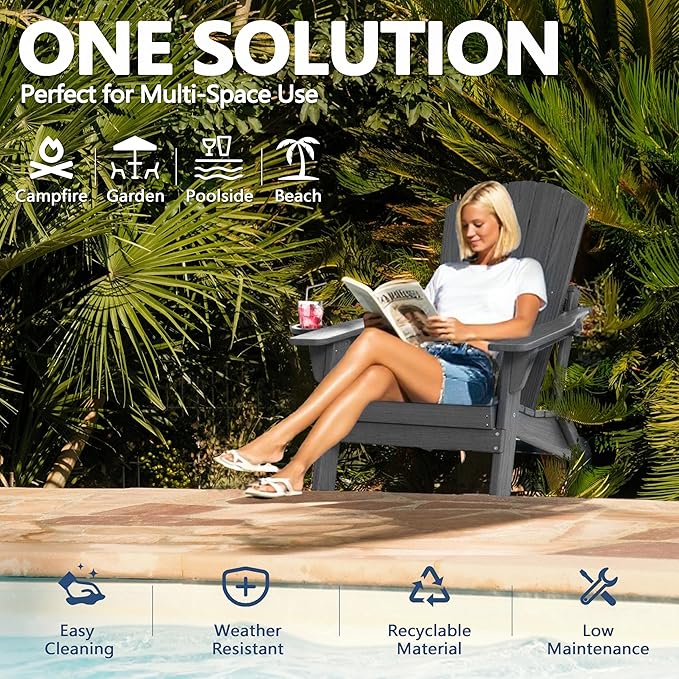 Folding Adirondack Chair Set of 2 with Cup Holder, HDPE All Weather Resistant Plastic Outdoor Patio Chairs, Heavy Duty Fire Pit Seating for Backyard Lawn Garden, Wooden Textured Design(Gray)