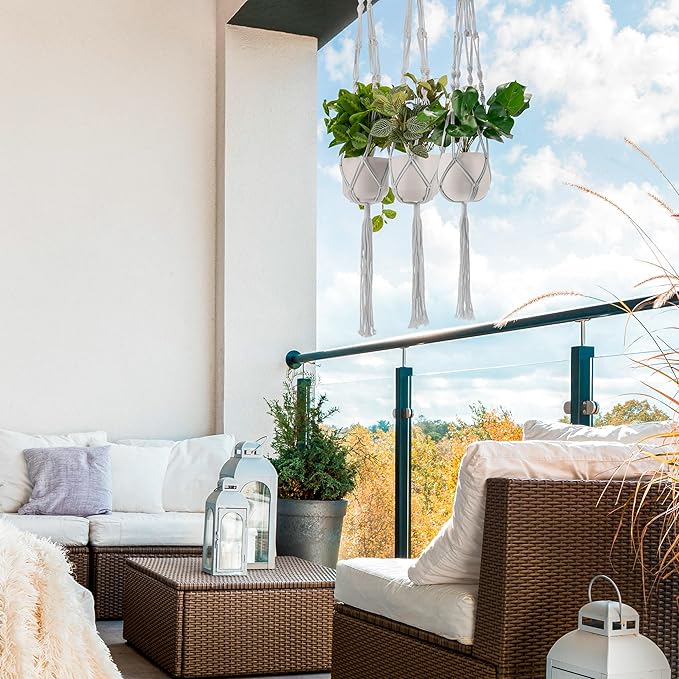 Sorbus Macrame Plant Hanger (6 Pack) Indoor Outdoor Hanging Plant Pots Cotton Rope, Elegant for Home, Patio, Garden (White)