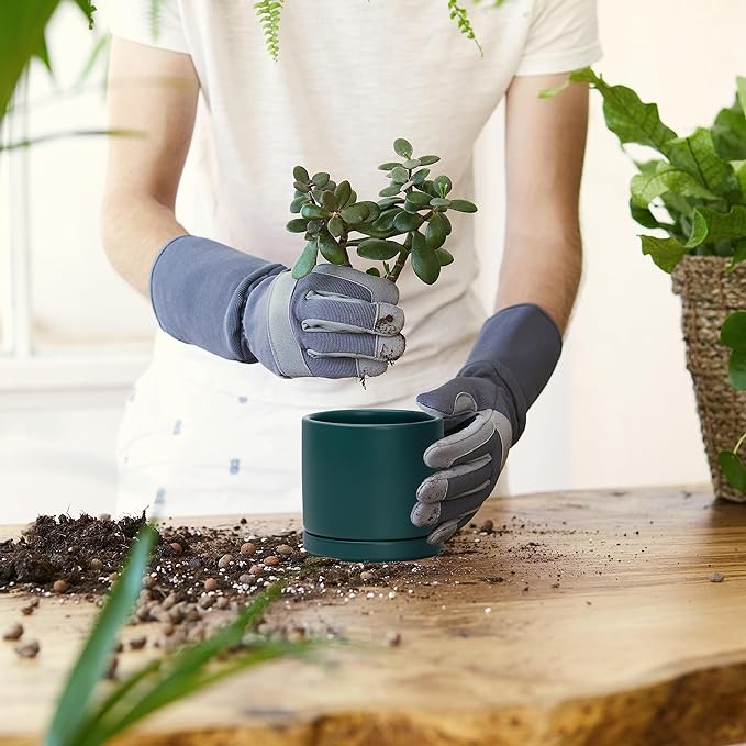 D'vine Dev Set of 4 Small Ceramic Plant Pots, 4.6 Inch Succulent Planter Pot for Plants with Drainage Hole and Saucer, Teal, 94-X-B-9