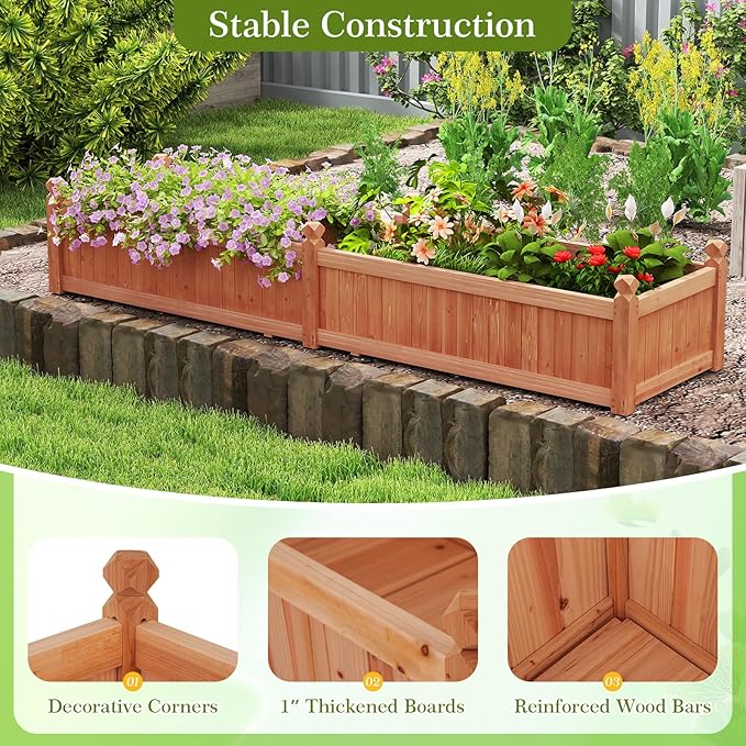 HAPPYGRILL Raised Garden Bed, Wood Elevated Flower Box with 8 Drain Holes, Liner, for Flowers, Vegetables, Herbs, Fruits, Outdoor Planter Box for Backyard, Garden, Lawn, 89" x 23.5" x 16"