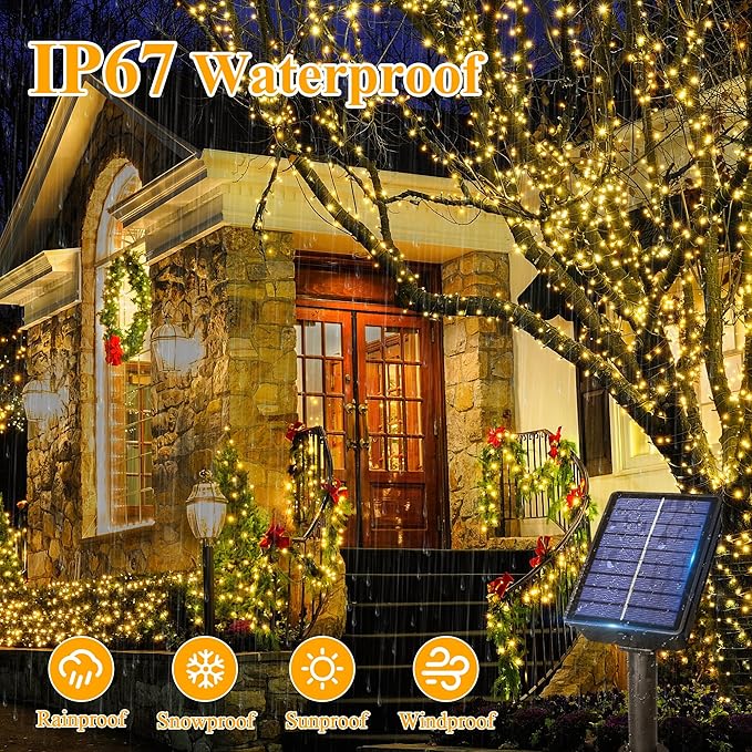 Ollny Solar String Lights for Outside, 2 Pack Total 132FT 400LED Solar Fairy Lights Outdoor, IP67 Waterproof 8 Modes String Lights for Tree Yard Garden Patio Party, Warm White
