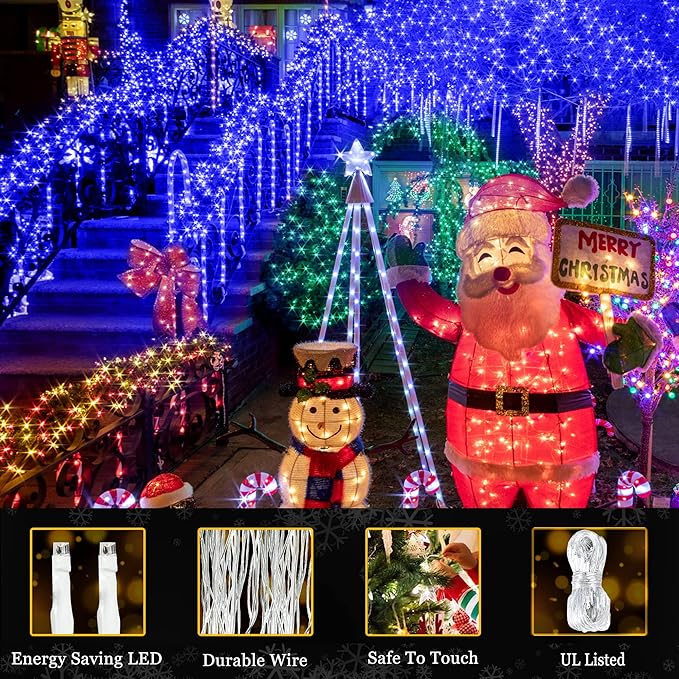 KNONEW 197FT 500 LED Christmas Lights Outdoor String Lights 8 Modes & Memory Fairy Light Plug in Waterproof LED String Lights for Xmas Yard Tree Wedding Party Holiday Decorations (Blue)