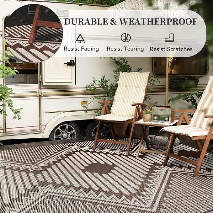 MontVoo Outdoor Rug-Waterproof Patio Rug Mat 5x8 Outdoor Carpet Mat Reversible Plastic Straw Outside Outdoor Rug for RV Camping Picnic Balcony Backyard Pool Deck Porch Modern Boho Beige Brown