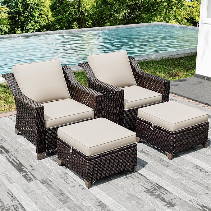 Joyside Wicker Patio Furniture Sets, 4 Pieces Upgraded Large Size Outdoor Furniture with Patio Dining Chairs and Outdoor Ottoman, Thick Cushions, Wide Armrest