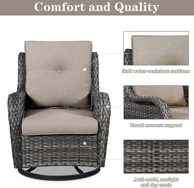 3 PCS Patio Furniture Set - Mixed Grey Wicker Swivel Rocking Chair Set with Side Table