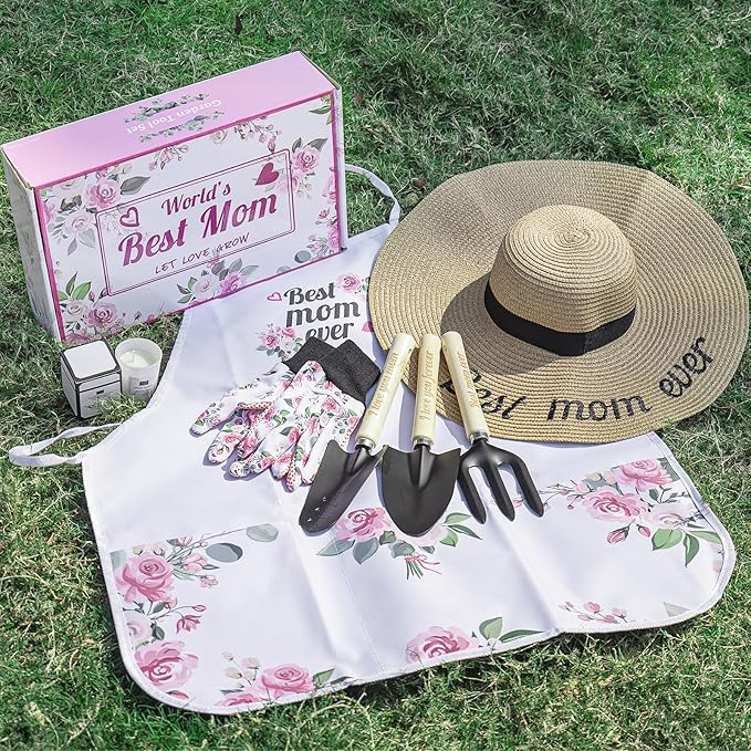 Gifts for Mom,7 Piece Womens Gardening Kit with Pink Gardening Tools,Straw Hat, Floral Gardening Apron and Gloves,Mothers Day Gardening Gifts for Mom Pink