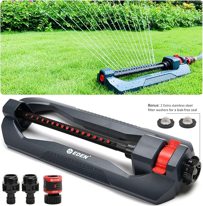 Eden Metal Adjustable 6-Pattern Rotary Gear Drive Garden Sprinkler Bundle with Oscillating Sprinkler for Yard