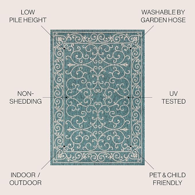 JONATHAN Y SMB106F-9SQ Charleston Vintage Filigree Textured Weave Teal/Gray 9' Square Indoor/Outdoor Area Rug, Pet Friendly, Non-Shedding, Stain Resistant, Easy-Cleaning for Backyard, Patio, Porch