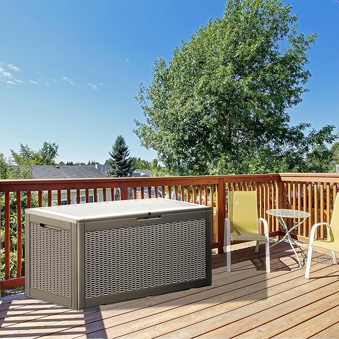 100 Gallon Lockable Resin Deck Box, Waterproof & UV-Resistant Outdoor Storage Box for Outdoor Cushion Storage, Garden Tools & Pool Accessories Storage, Gray