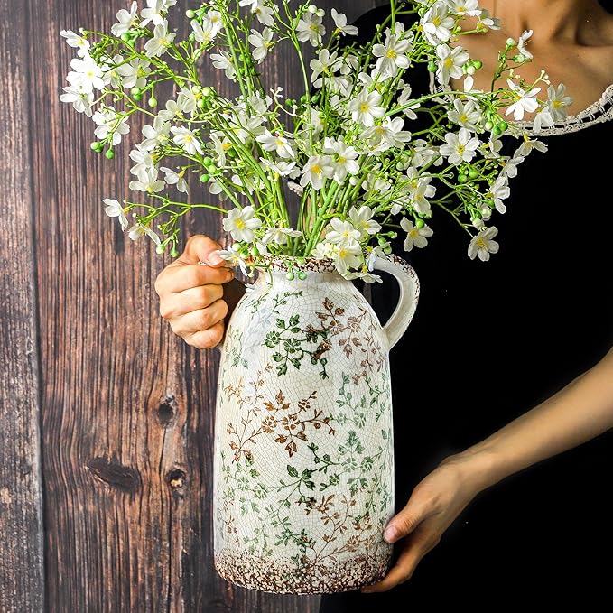 Enra Large Vintage Green and Beige Ceramic Chinoiserie Floral Vase, 11.2 Inch Rustic Decorative Flower Vase for Home, Living Room, Kitchen, or Office – Pastoral Retro Design